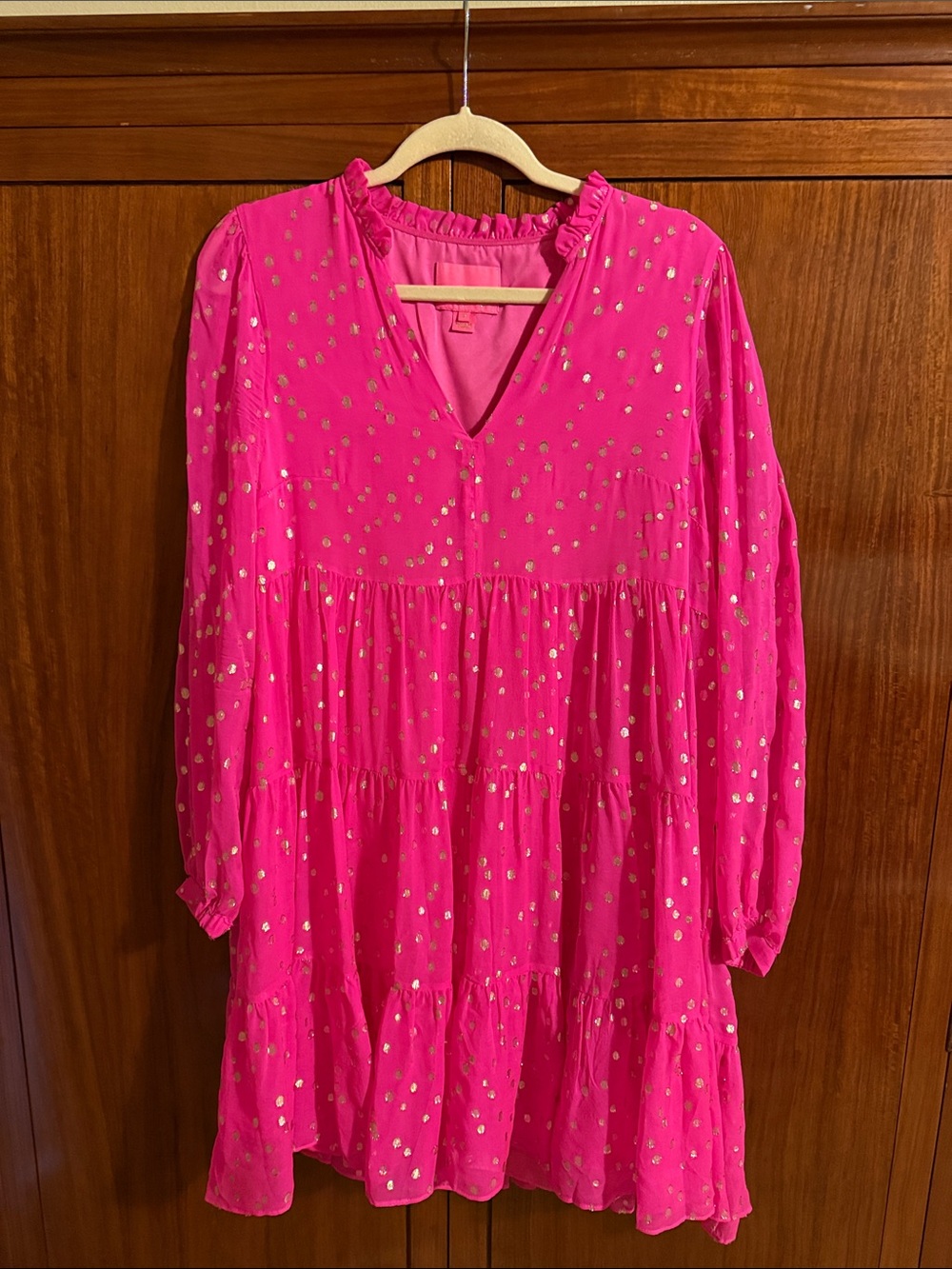 Lilly Pulitzer Fuchsia Long Sleeve Tiered Dress with Gold Dot Print
